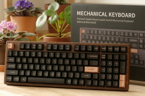 Teclado mecânico 96% com case de madeira e teclas de destaque em tom cobre, com o numpad encostado no bloco principal